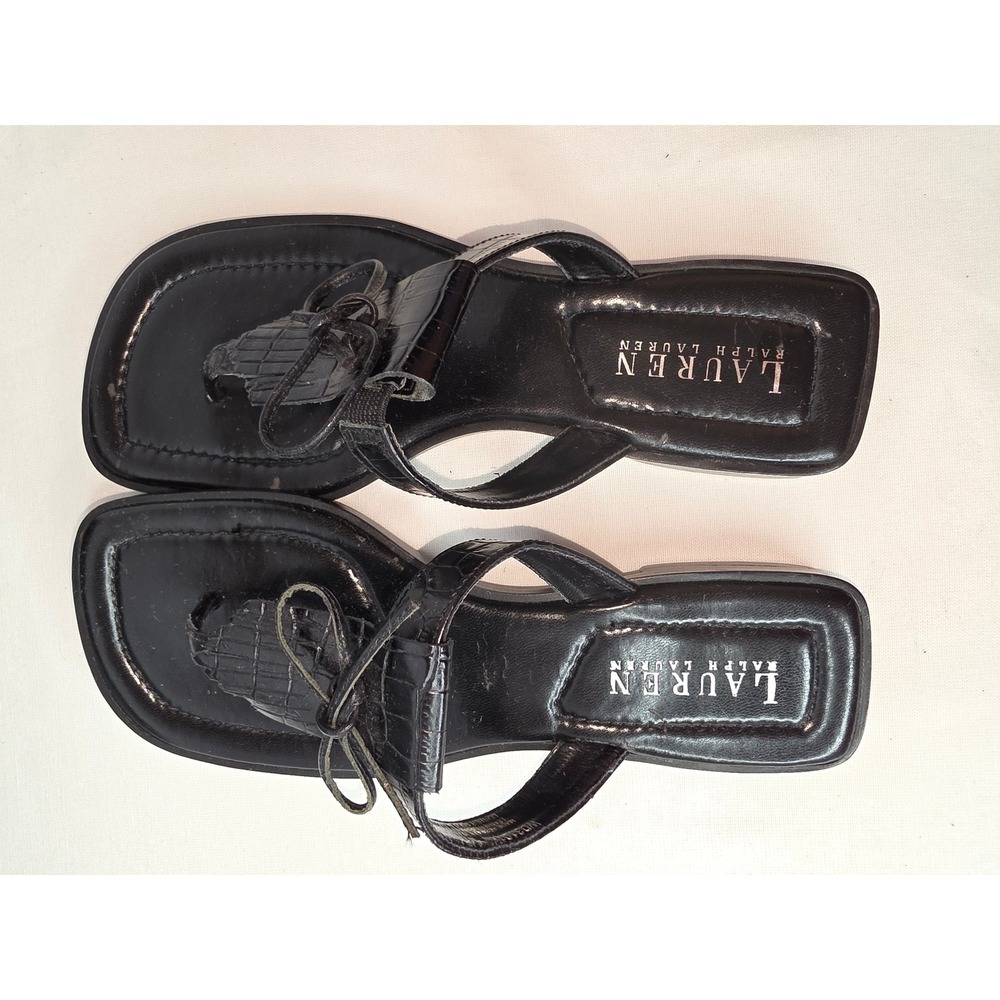 Lauren Ralph Lauren Black Croc Embossed Fringe Thong Sandals sz6.5 SquareToe 368 - Picture 2 of 8